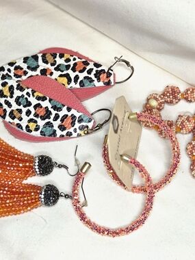 Colorful Summer Coral  Leopard Print  Layered Leather Earrings Ect. Set Of All 4